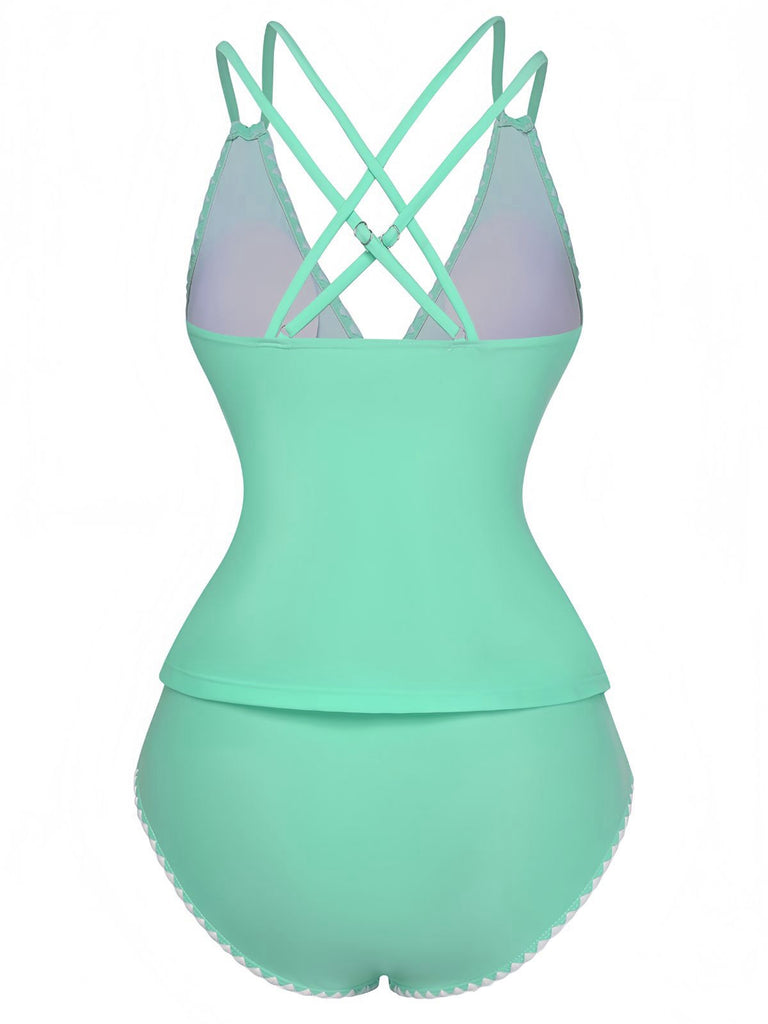 1940s Colorblock Deep V Crisscross Back Tankini Set