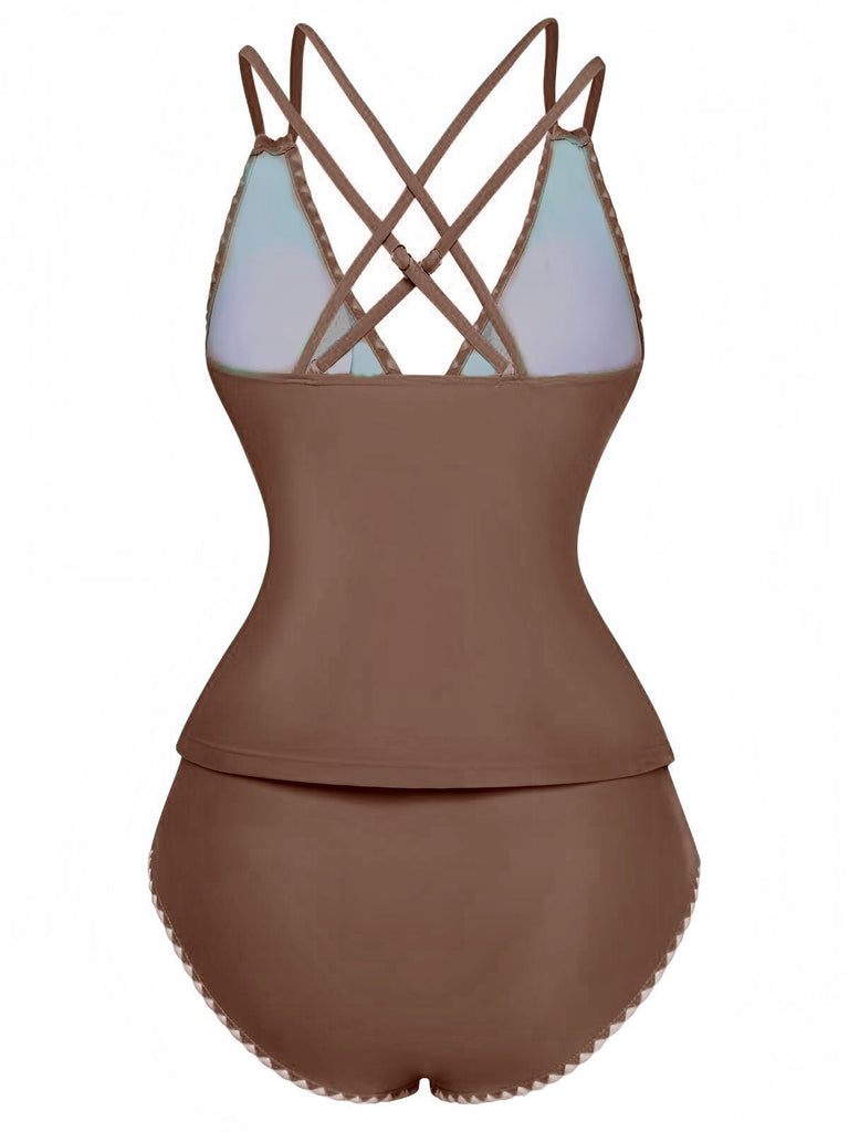 1940s Colorblock Deep V Crisscross Back Tankini Set