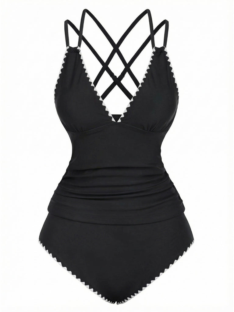 1940s Colorblock Deep V Crisscross Back Tankini Set