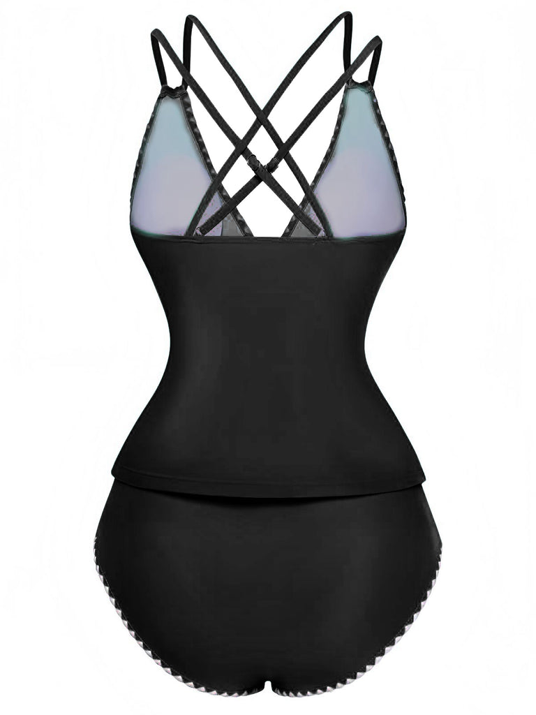 1940s Colorblock Deep V Crisscross Back Tankini Set