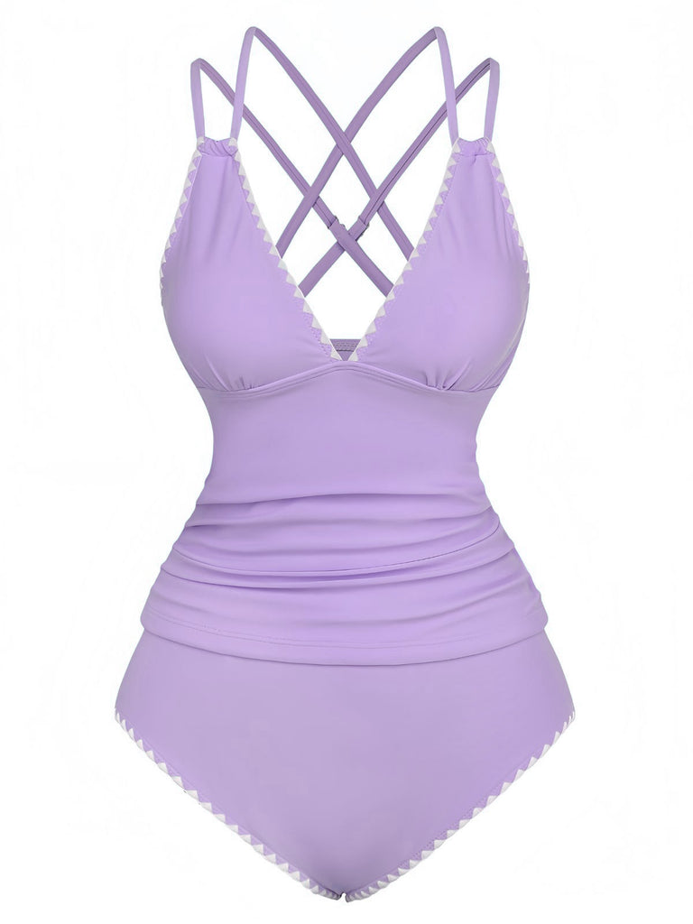 1940s Colorblock Deep V Crisscross Back Tankini Set