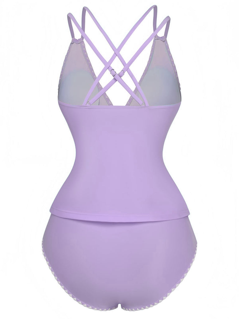 1940s Colorblock Deep V Crisscross Back Tankini Set