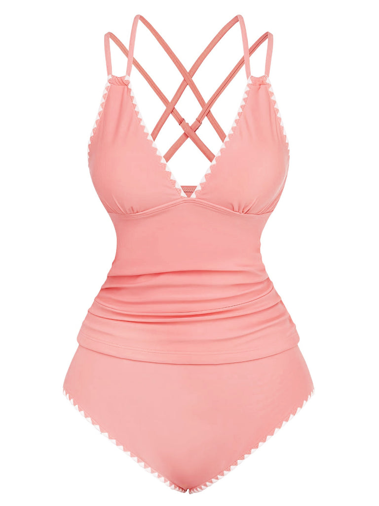 1940s Colorblock Deep V Crisscross Back Tankini Set