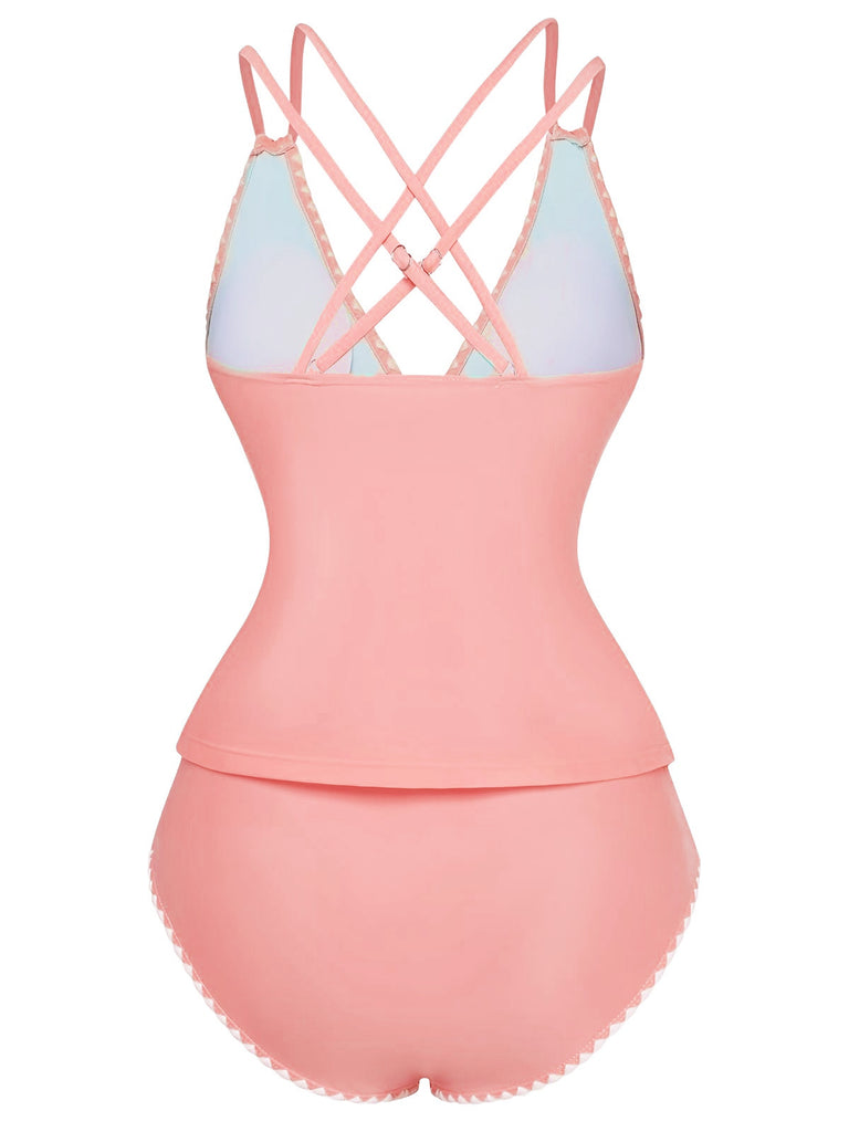 1940s Colorblock Deep V Crisscross Back Tankini Set