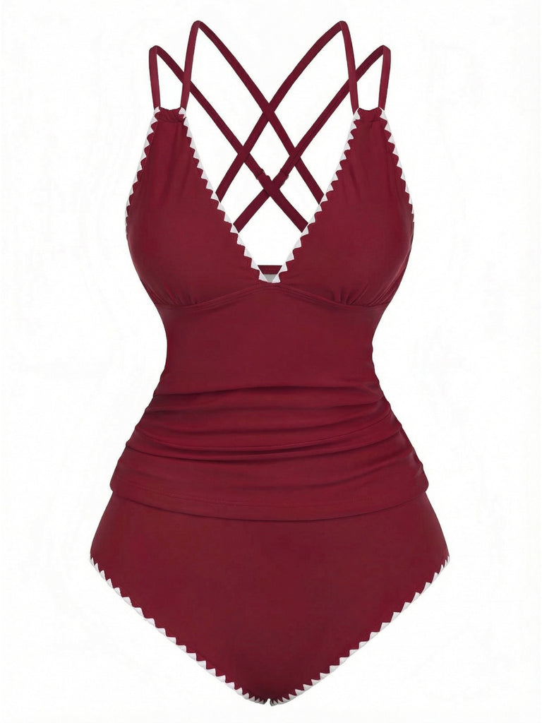 1940s Colorblock Deep V Crisscross Back Tankini Set