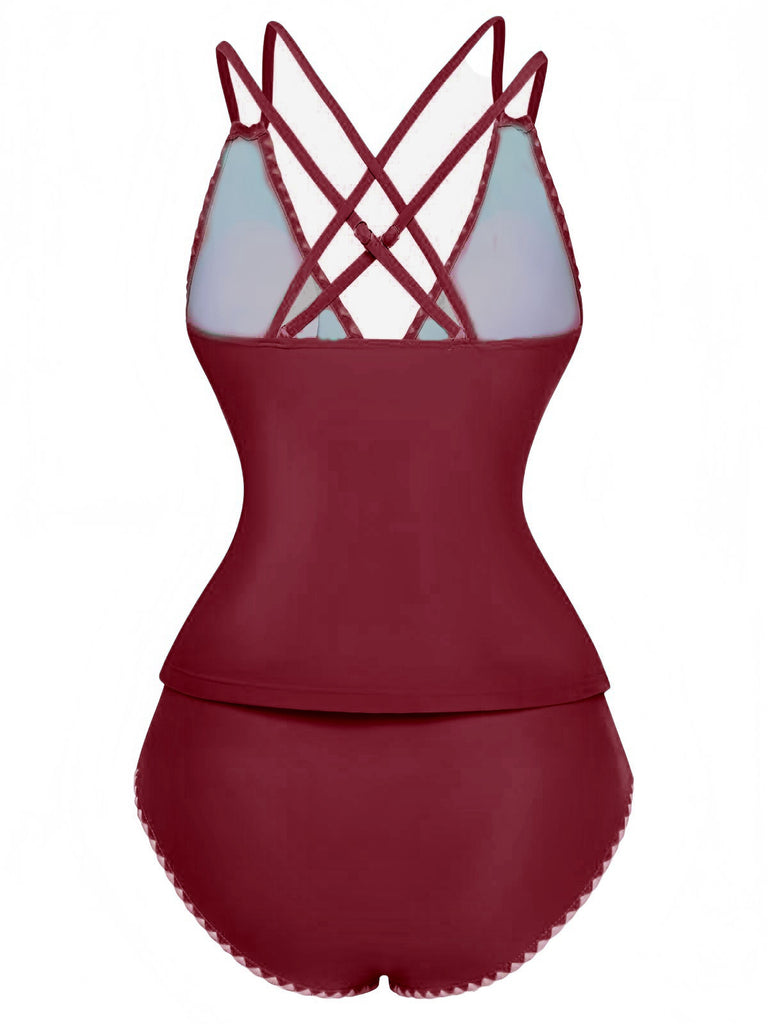 1940s Colorblock Deep V Crisscross Back Tankini Set