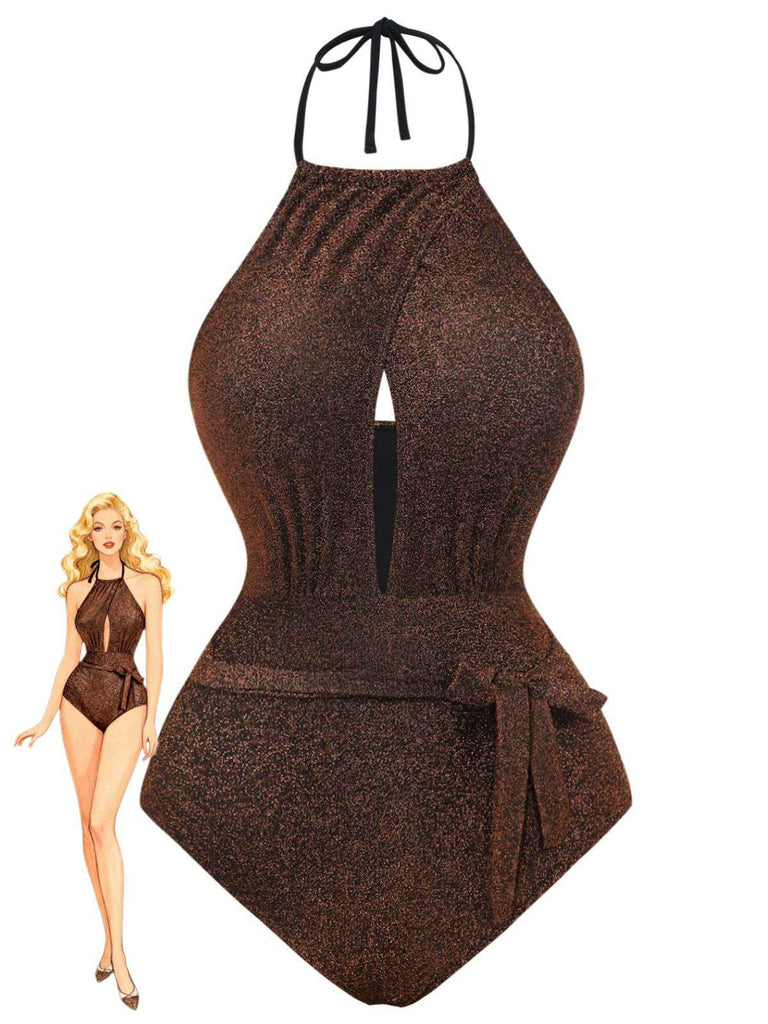 1940s Glitter Halter Cutout Bow One-Piece Swimsuit
