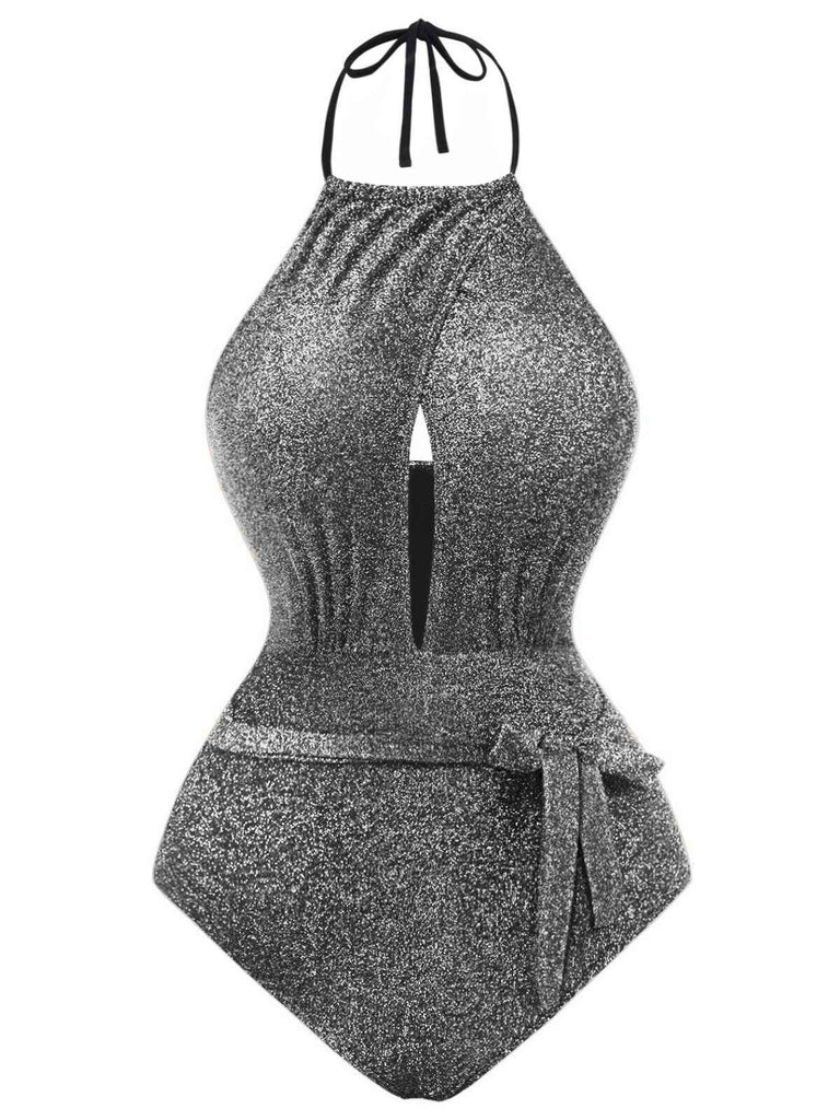 1940s Glitter Halter Cutout Bow One-Piece Swimsuit