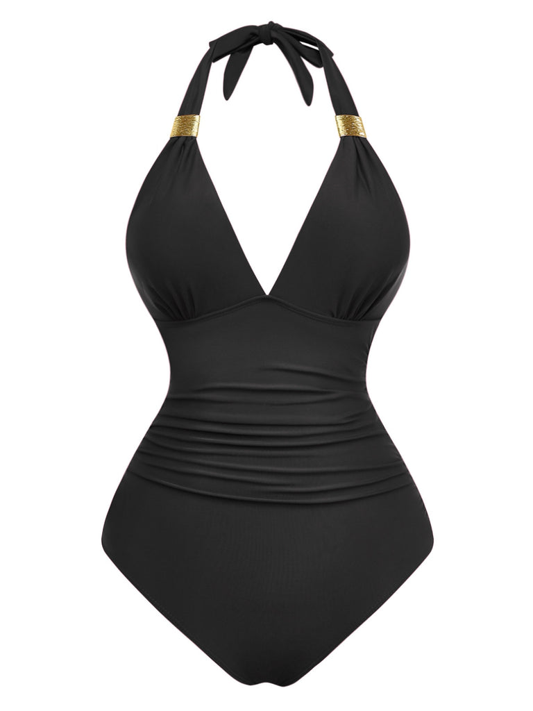 1940s Solid Deep V Halter Ruched One-Piece Swimsuit