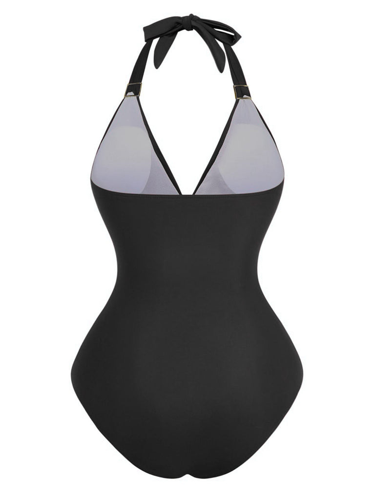 1940s Solid Deep V Halter Ruched One-Piece Swimsuit