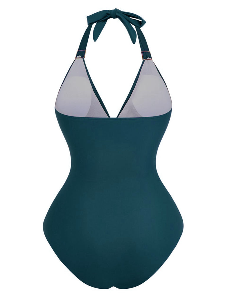 1940s Solid Deep V Halter Ruched One-Piece Swimsuit