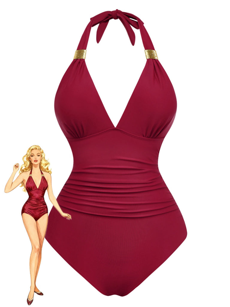 1940s Solid Deep V Halter Ruched One-Piece Swimsuit