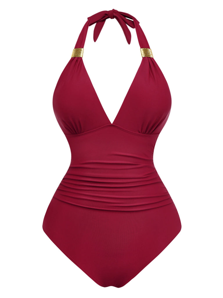 1940s Solid Deep V Halter Ruched One-Piece Swimsuit