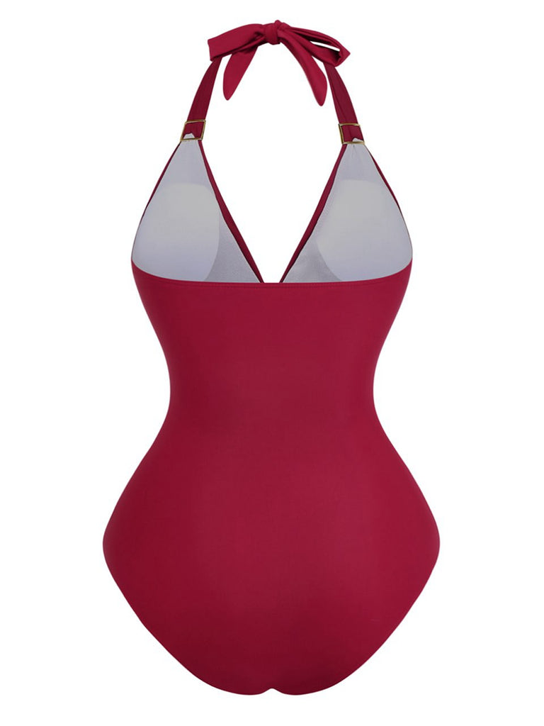 1940s Solid Deep V Halter Ruched One-Piece Swimsuit