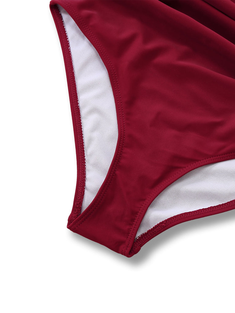 1940s Solid Deep V Halter Ruched One-Piece Swimsuit