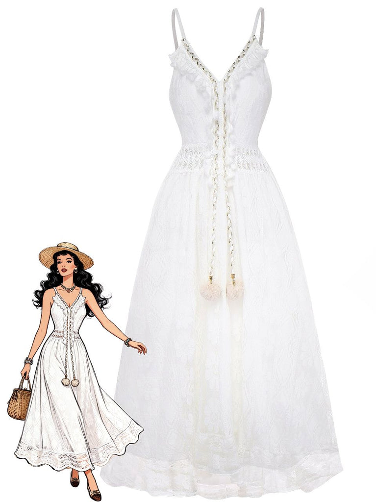 White 1970s V-Neck Boho Lace Maxi Dress