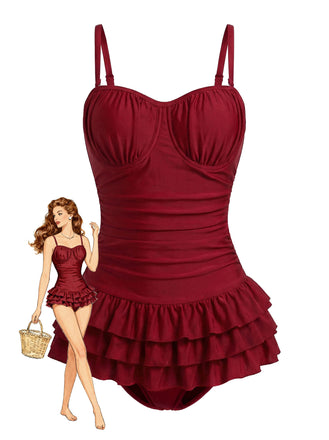 [Pre-Sale] Red 1950s Ruffled Ruched Tiered One-Piece Swimsuit
