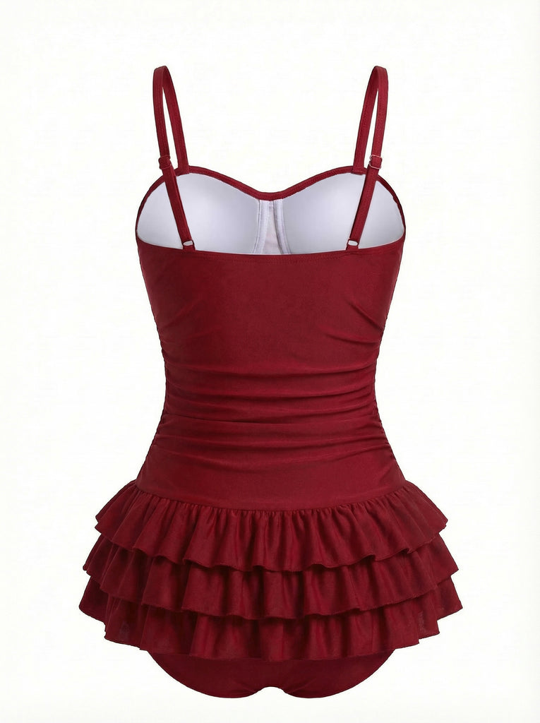 [Pre-Sale] Red 1950s Ruffled Ruched Tiered One-Piece Swimsuit