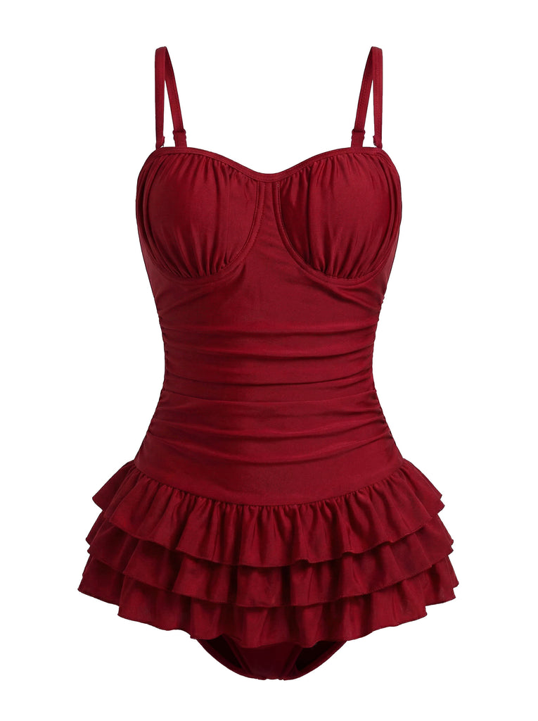 [Pre-Sale] Red 1950s Ruffled Ruched Tiered One-Piece Swimsuit