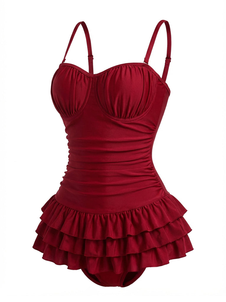 [Pre-Sale] Red 1950s Ruffled Ruched Tiered One-Piece Swimsuit
