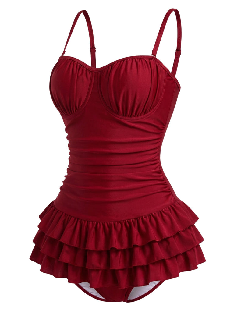 [Pre-Sale] Red 1950s Ruffled Ruched Tiered One-Piece Swimsuit