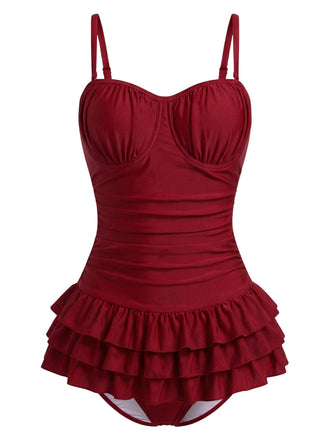 [Pre-Sale] Red 1950s Ruffled Ruched Tiered One-Piece Swimsuit