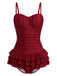 [Pre-Sale] Red 1950s Ruffled Ruched Tiered One-Piece Swimsuit