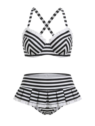 [Pre-Sale] Black & White 1960s Ruffled Strap Stripe Bikini Set