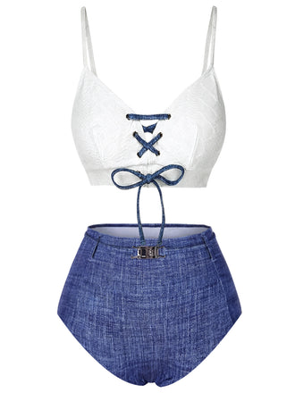 [Pre-Sale] Blue 1940s Lace-Up Halter Faux Denim Bikini Set