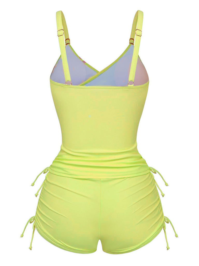 1950s Floral Solid Lace-Up Tankini Set