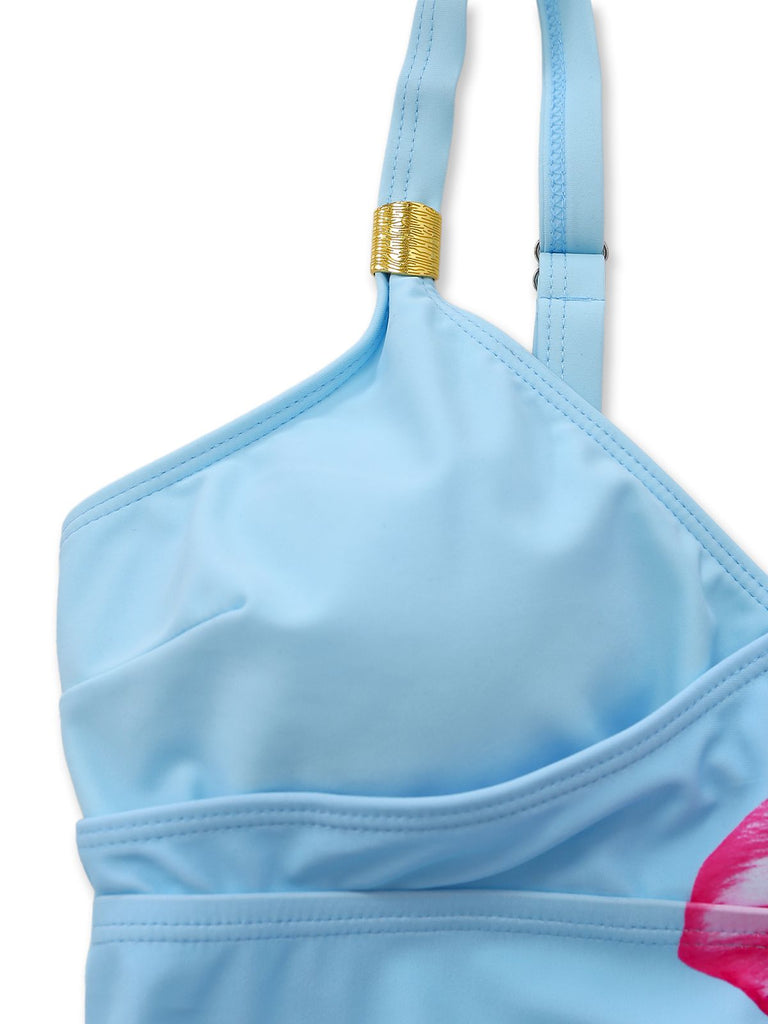 1950s Floral Solid Lace-Up Tankini Set