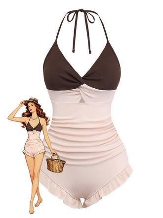 [Pre-Sale] Brown & Pink 1940s Color-Block Ruffled High-Waisted Swimsuit