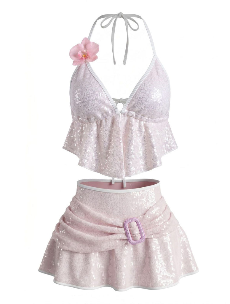 1980s Halter Sequin 3D Floral Buckle-Detail Bikini Set