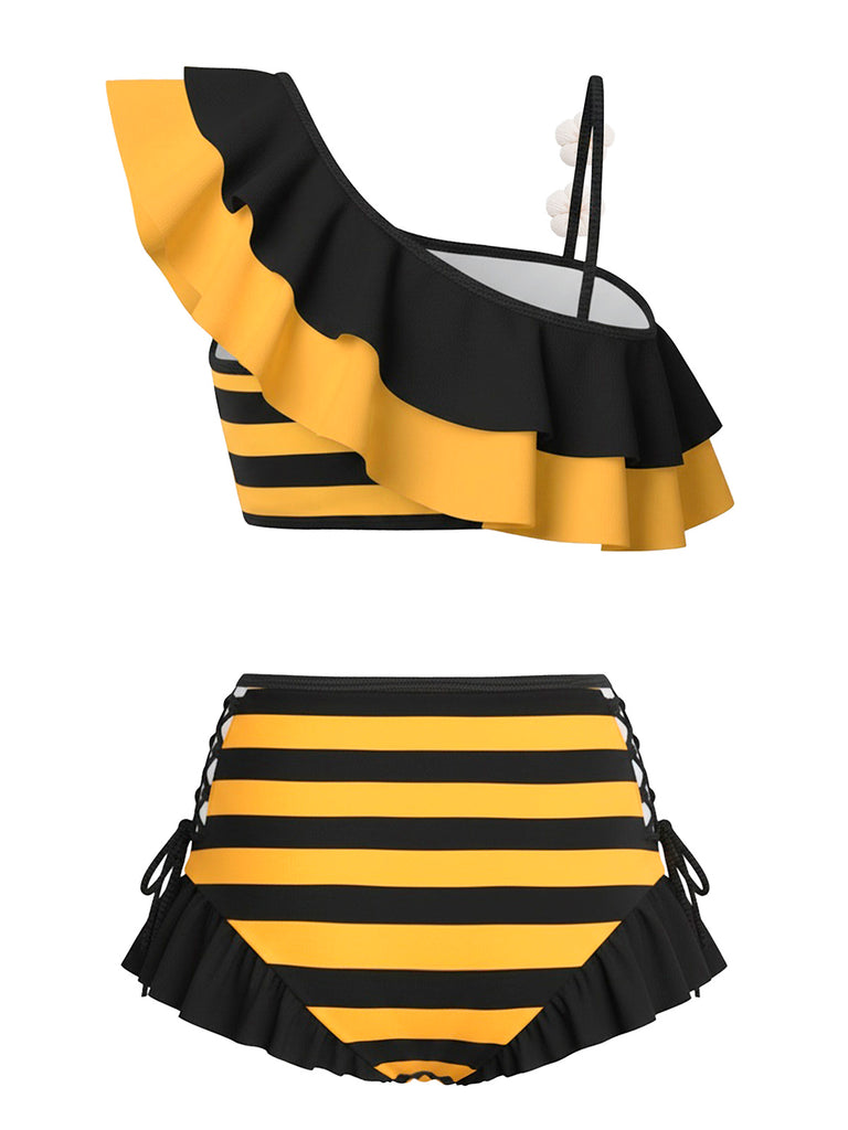 [Pre-Sale] 1940s Bee Stripes 3D Daisy Ruffle Bikini Set