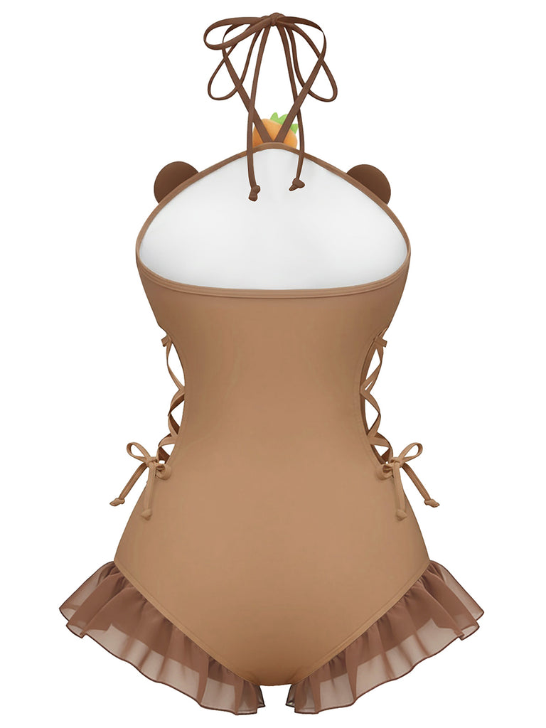 [Pre-Sale] Brown 1960s Capybara Print Lace-Up Swimsuit