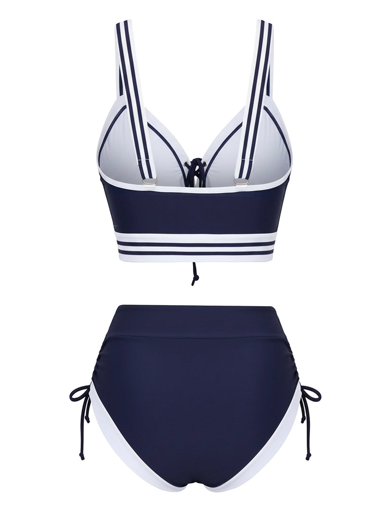 Blue 1940s Nautical Striped Lace-Up Bikini Set