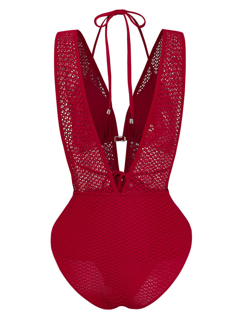 1950s Deep V-Neck Crochet Mesh Halter Swimsuit Set