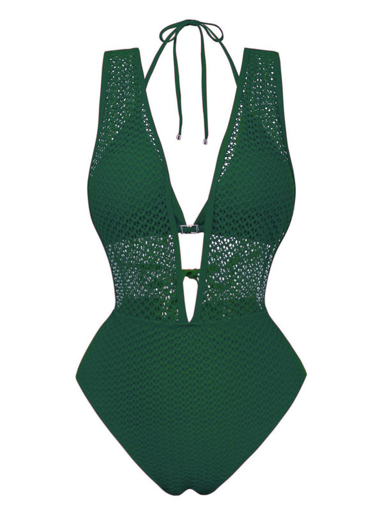 1950s Deep V-Neck Crochet Mesh Halter Swimsuit Set