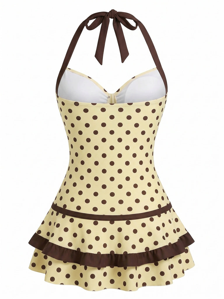 [Pre-Sale] Cream 1940s Halter Bow Polka Dot Swim Dress - vintage dress, retro fashion for vintage lovers