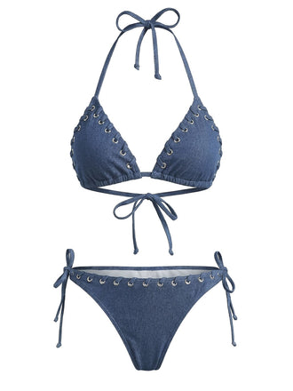 [Pre-Sale] Blue 1970s Faux Denim Halter Eyelet Tie-Side Bikini Set
