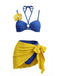 3PCS Blue 1980s Phalaenopsis Halter Bikini Set & Yellow Sarong, vintage swimsuit, pin-up swimwear - perfect for women who love vintage and retro fashion