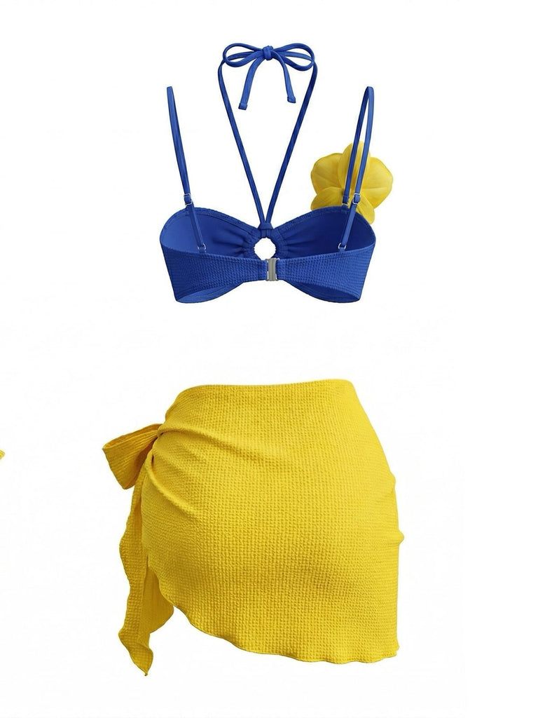 3PCS Blue 1980s Phalaenopsis Halter Bikini Set & Yellow Sarong, vintage swimsuit, pin-up swimwear - perfect for women who love vintage and retro fashion