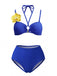 3PCS Blue 1980s Phalaenopsis Halter Bikini Set & Yellow Sarong, vintage swimsuit, pin-up swimwear - perfect for women who love vintage and retro fashion
