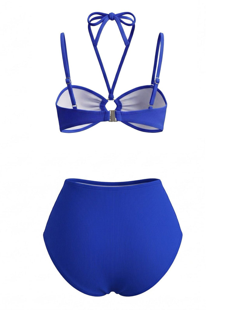 3PCS Blue 1980s Phalaenopsis Halter Bikini Set & Yellow Sarong, vintage swimsuit, pin-up swimwear - perfect for women who love vintage and retro fashion