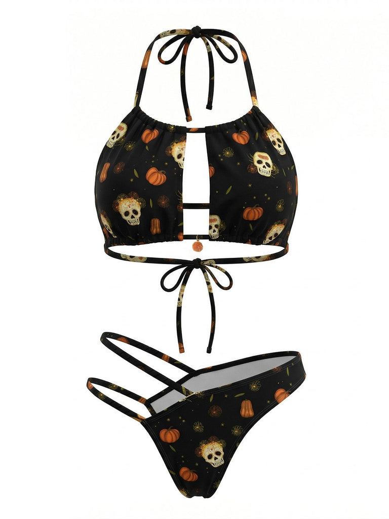 Black 1980s Gothic Skull Bikini Set, vintage swimsuit, pin-up swimwear - perfect for women who love vintage and retro fashion