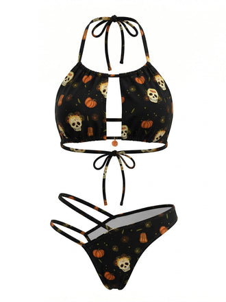 Black 1980s Gothic Skull Bikini Set, vintage swimsuit, pin-up swimwear - perfect for women who love vintage and retro fashion
