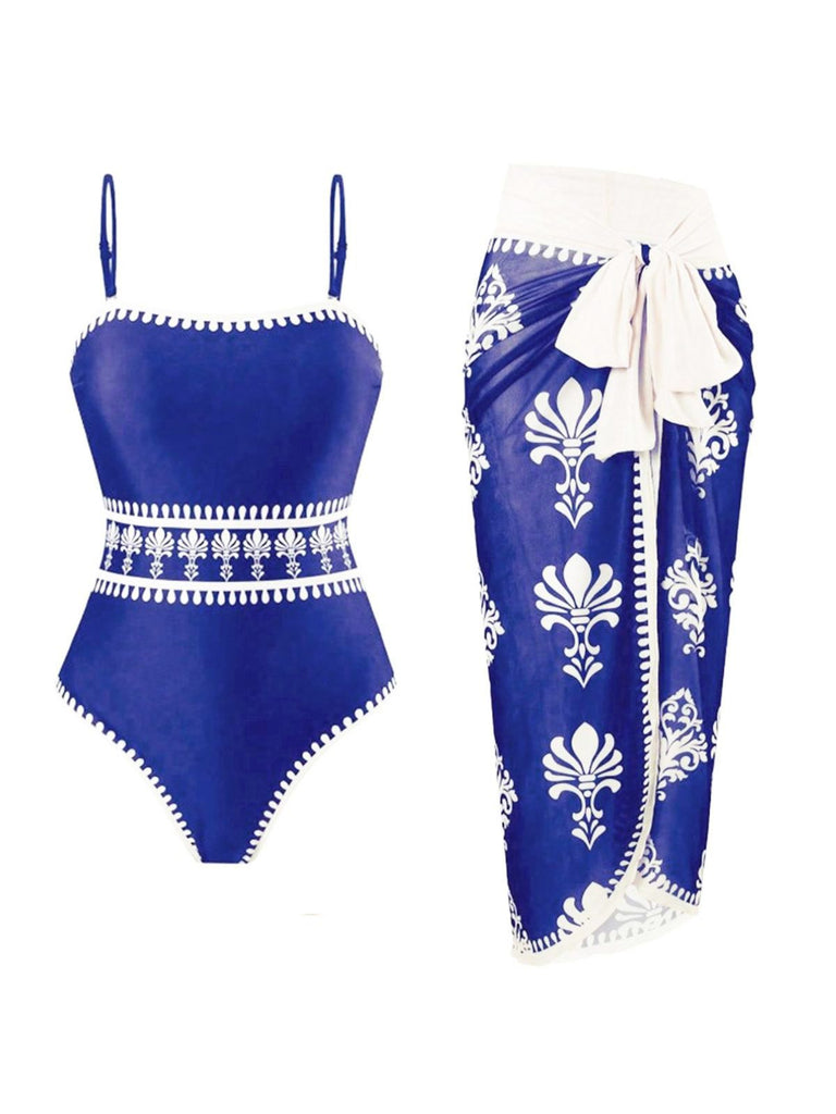 1970s Boho Floral Printed One-Piece Swimsuit & Cover Up