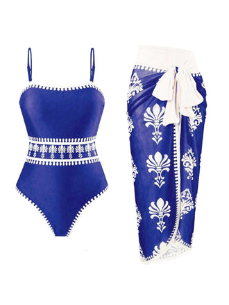 1970s Boho Floral Printed One-Piece Swimsuit & Cover Up