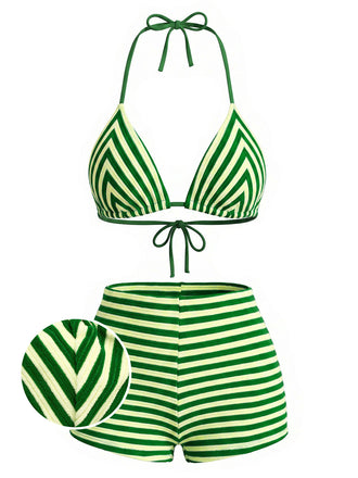 Green 1950s Striped Terry Halter Bikini Set