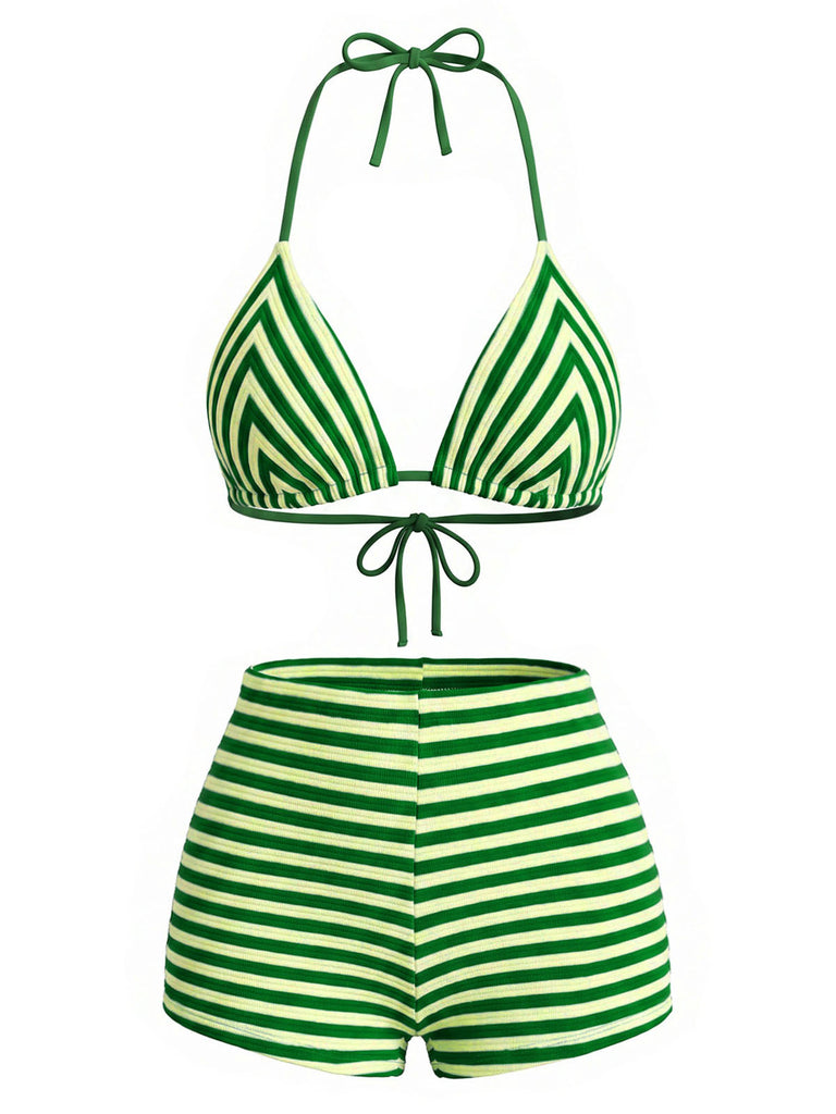 Green 1950s Striped Terry Halter Bikini Set